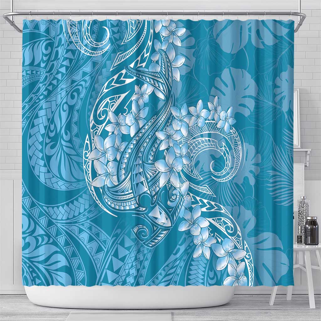 Blue Polynesia Hammerhead Shark Tattoo With Plumeria Lei Shower Curtain