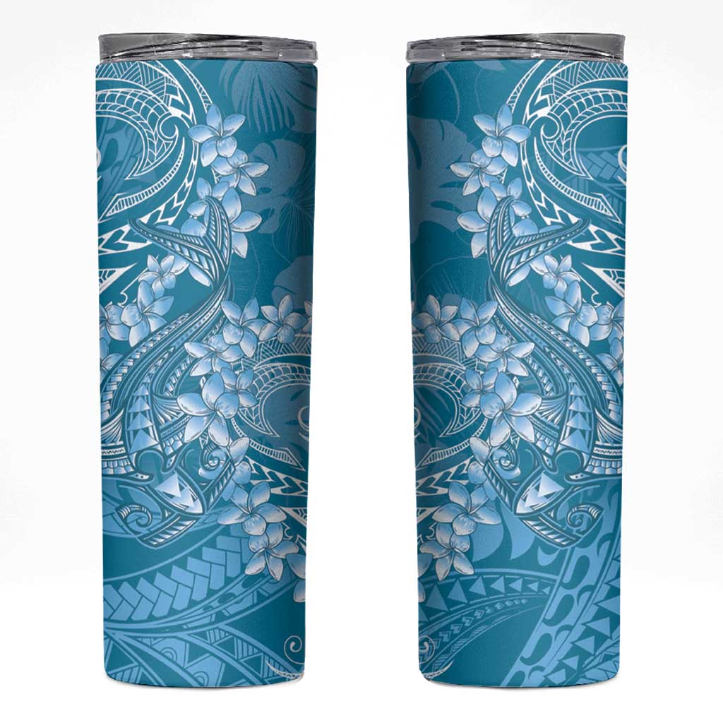 Blue Polynesia Hammerhead Shark Tattoo With Plumeria Lei Skinny Tumbler LT14 Blue - Polynesian Pride