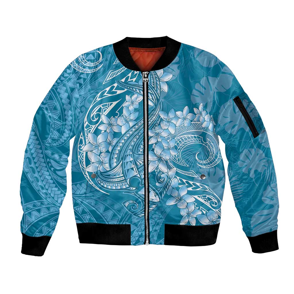 Blue Polynesia Hammerhead Shark Tattoo With Plumeria Lei Sleeve Zip Bomber Jacket LT14 Unisex Blue - Polynesian Pride