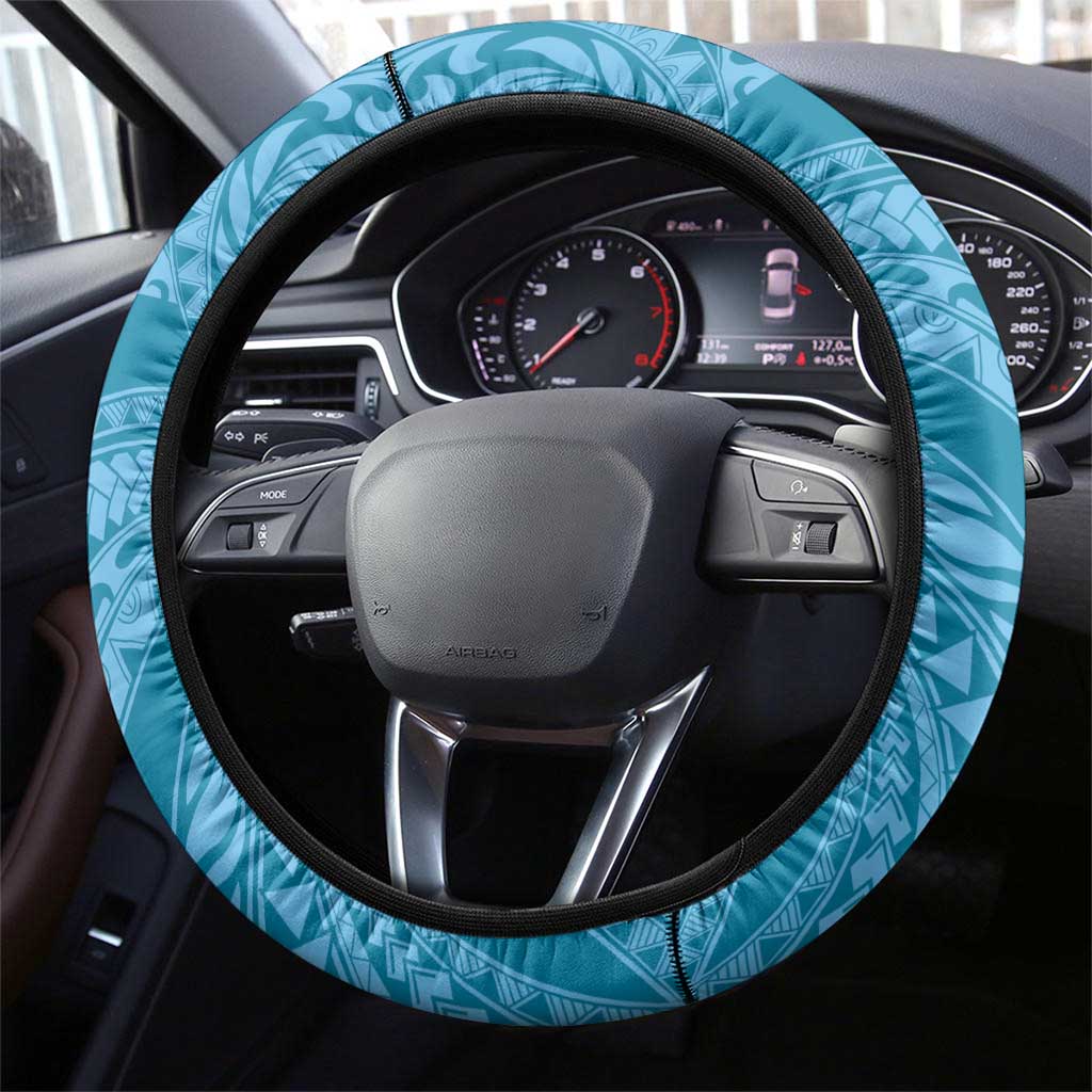 Blue Polynesia Hammerhead Shark Tattoo With Plumeria Lei Steering Wheel Cover
