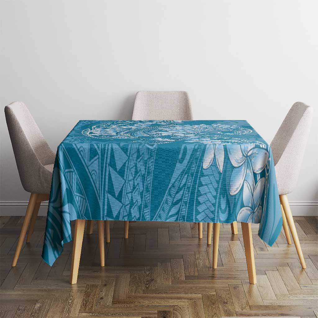 Blue Polynesia Hammerhead Shark Tattoo With Plumeria Lei Tablecloth