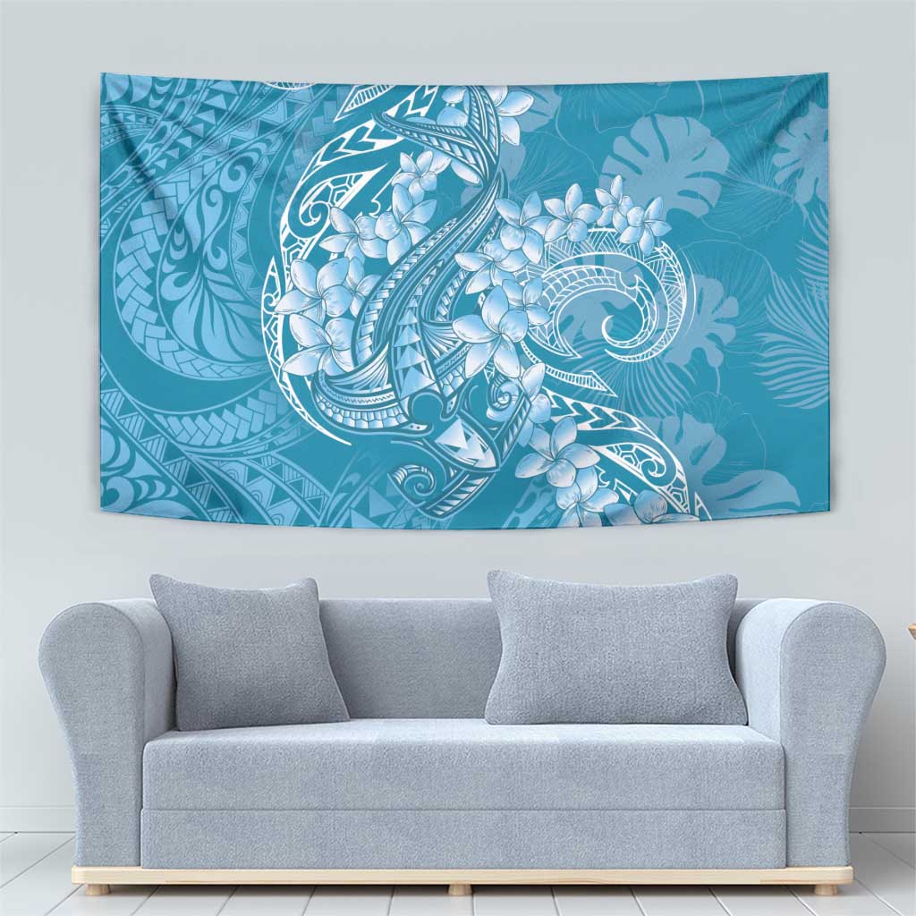 Blue Polynesia Hammerhead Shark Tattoo With Plumeria Lei Tapestry