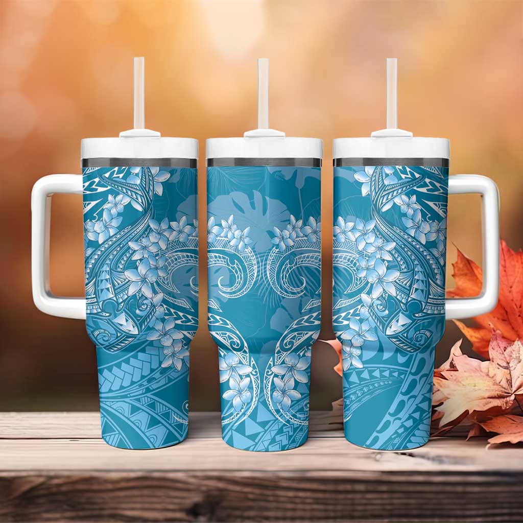 Blue Polynesia Hammerhead Shark Tattoo With Plumeria Lei Tumbler With Handle LT14 - Polynesian Pride