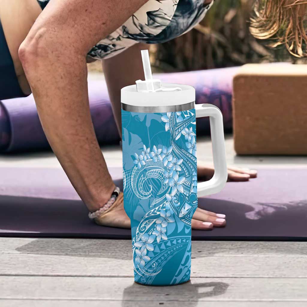 Blue Polynesia Hammerhead Shark Tattoo With Plumeria Lei Tumbler With Handle LT14 - Polynesian Pride