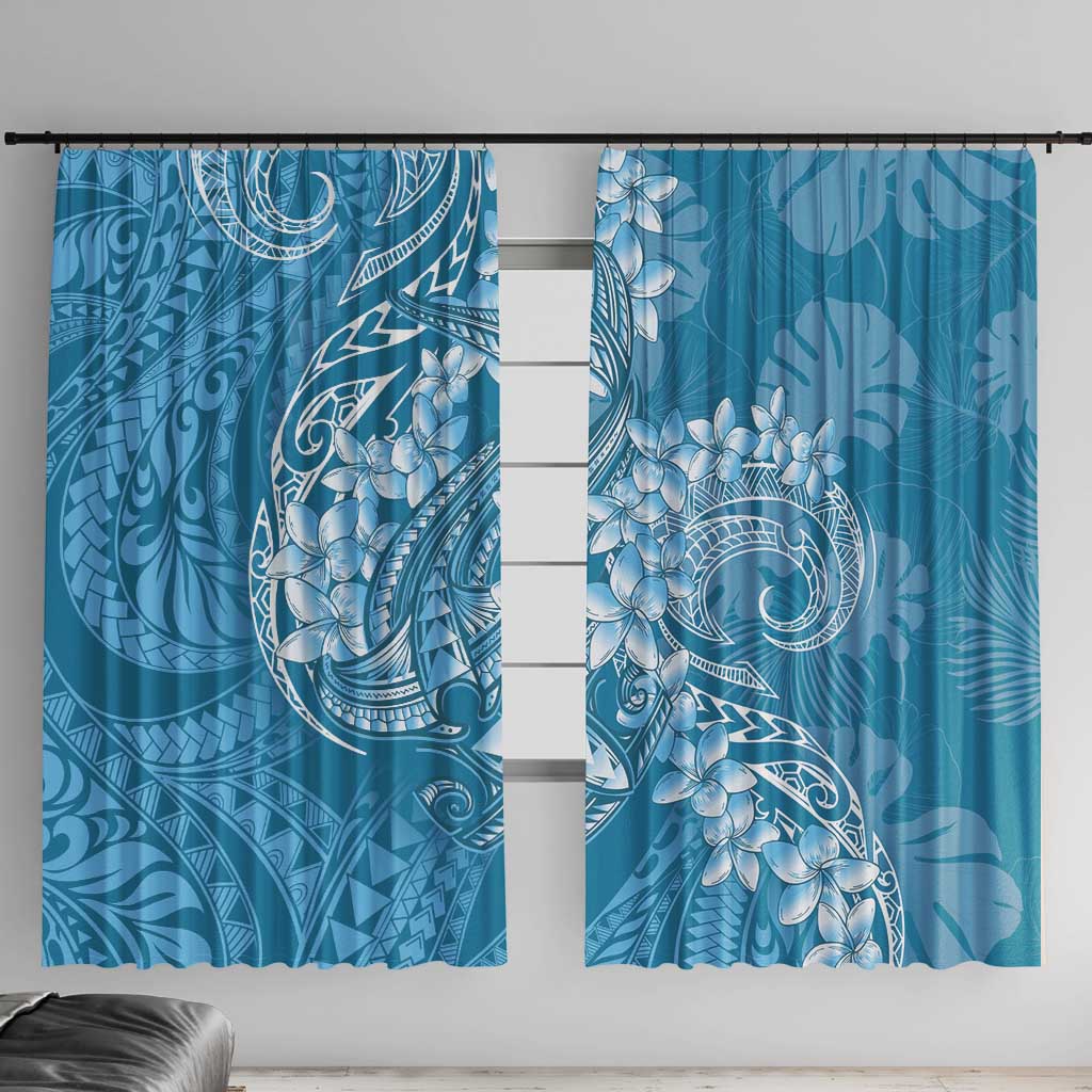 Blue Polynesia Hammerhead Shark Tattoo With Plumeria Lei Window Curtain