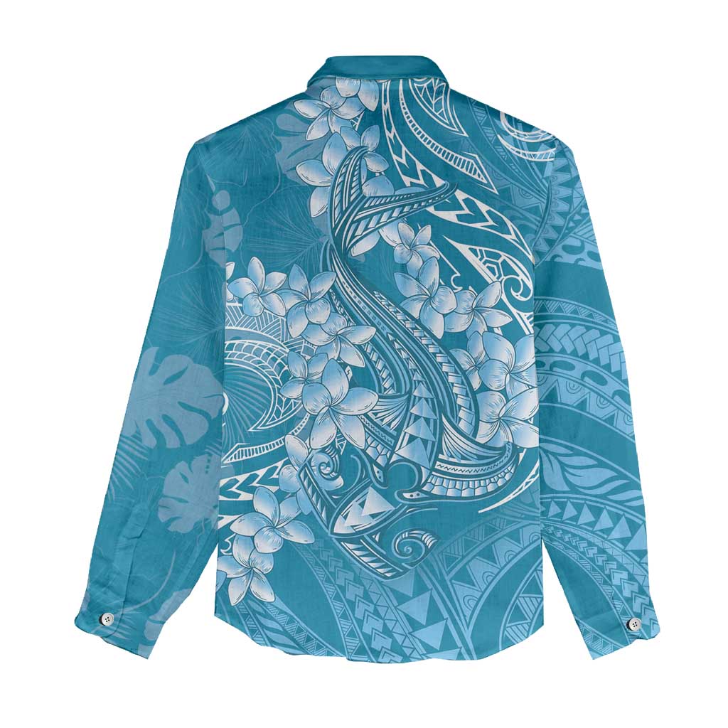 Blue Polynesia Hammerhead Shark Tattoo With Plumeria Lei Women Casual Shirt LT14 - Polynesian Pride
