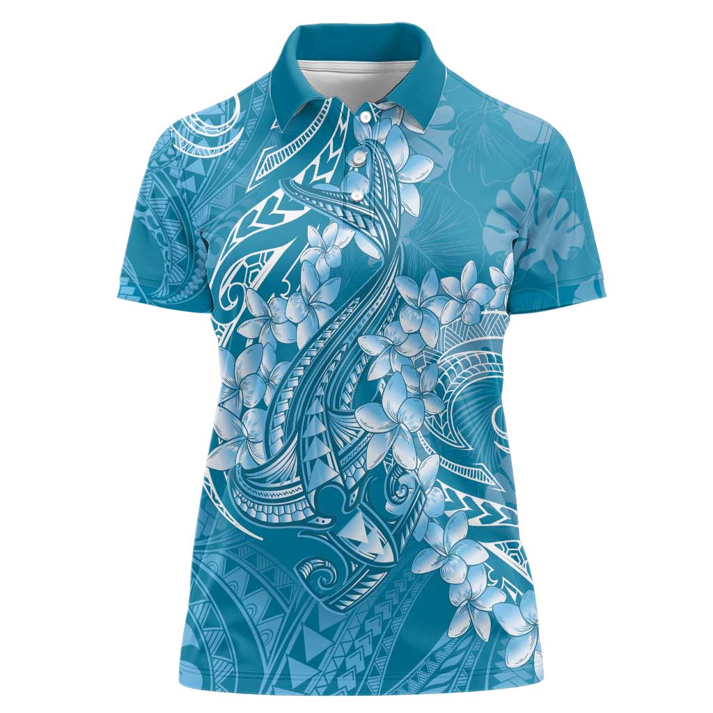 Blue Polynesia Hammerhead Shark Tattoo With Plumeria Lei Women Polo Shirt