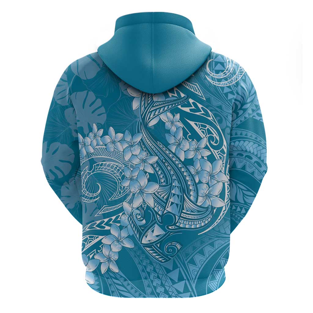 Blue Polynesia Hammerhead Shark Tattoo With Plumeria Lei Zip Hoodie