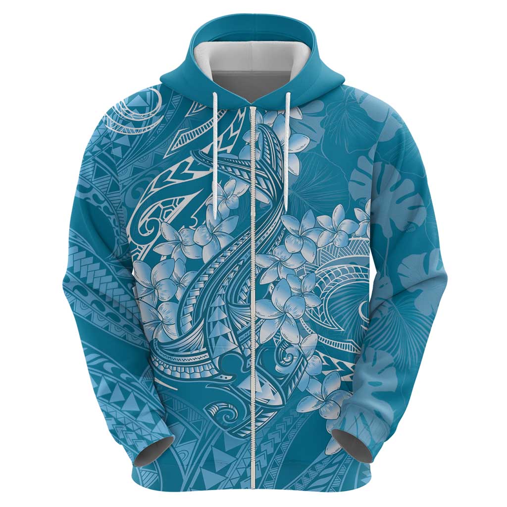 Blue Polynesia Hammerhead Shark Tattoo With Plumeria Lei Zip Hoodie
