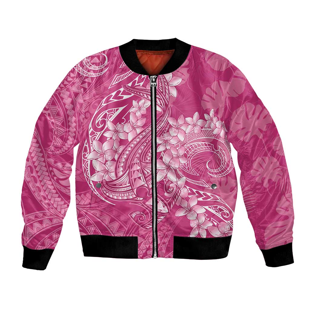 Pink Polynesia Hammerhead Shark Tattoo With Plumeria Lei Bomber Jacket LT14 Unisex Pink - Polynesian Pride