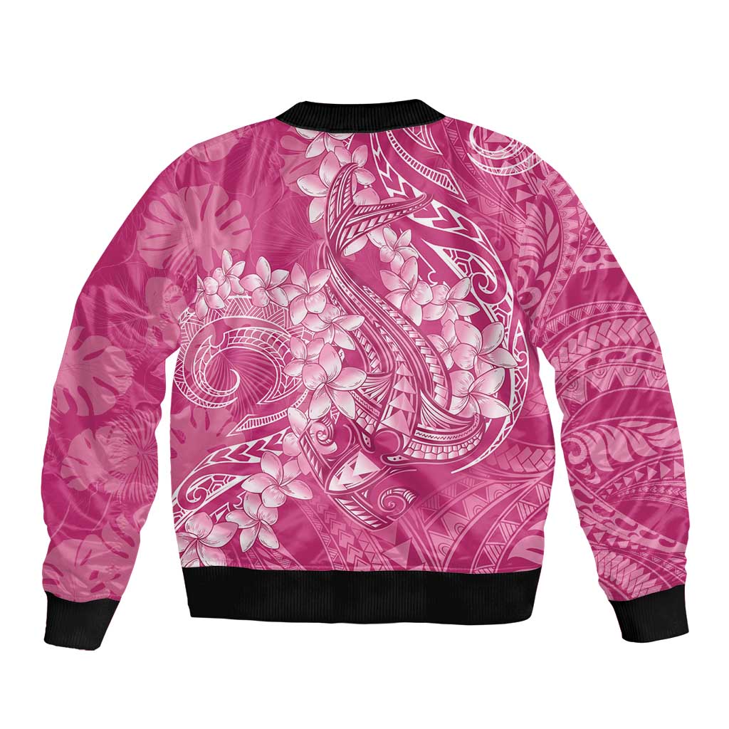 Pink Polynesia Hammerhead Shark Tattoo With Plumeria Lei Bomber Jacket LT14 - Polynesian Pride