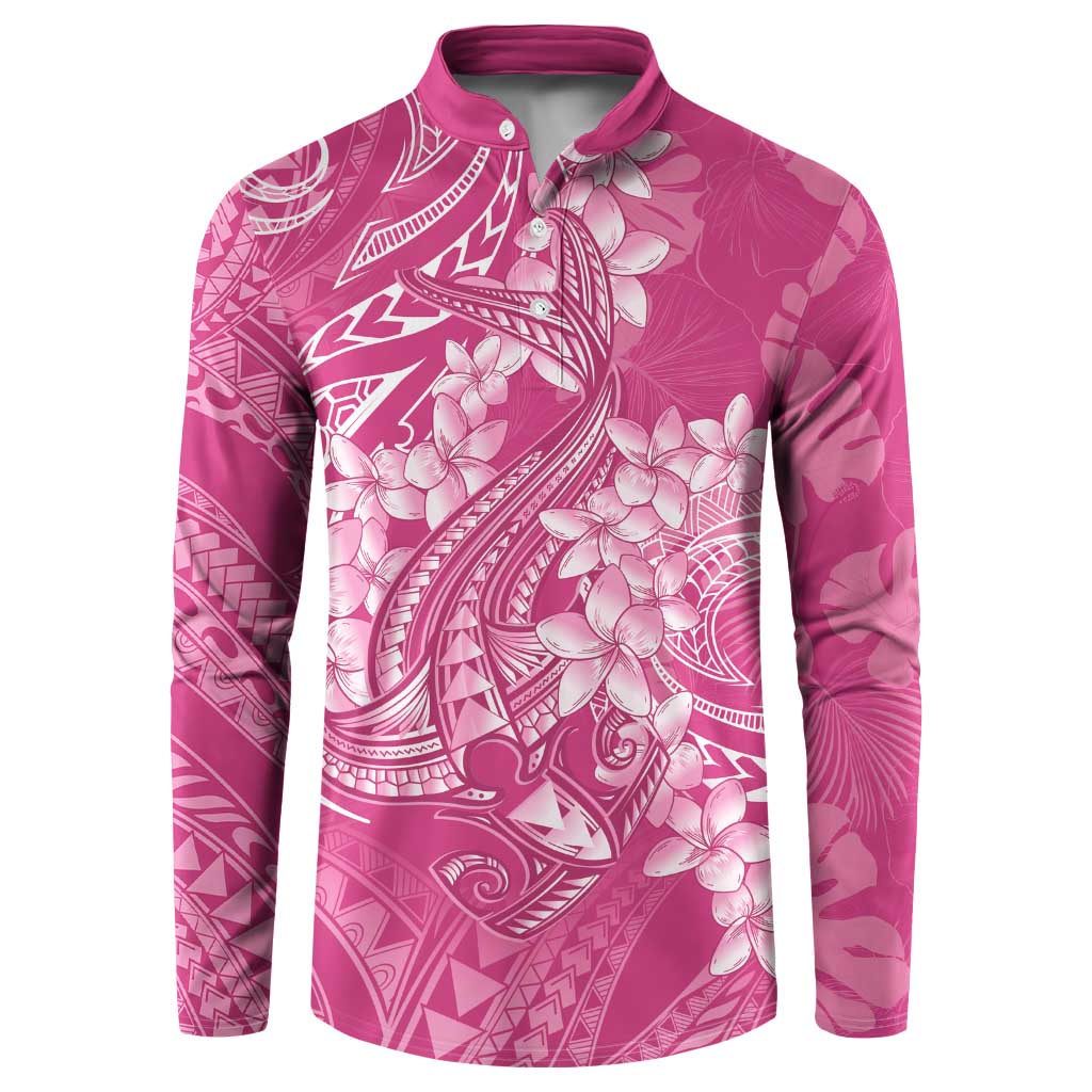 Pink Polynesia Hammerhead Shark Tattoo With Plumeria Lei Button Sweatshirt