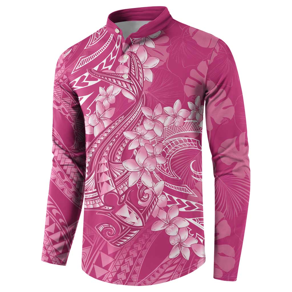 Pink Polynesia Hammerhead Shark Tattoo With Plumeria Lei Button Sweatshirt