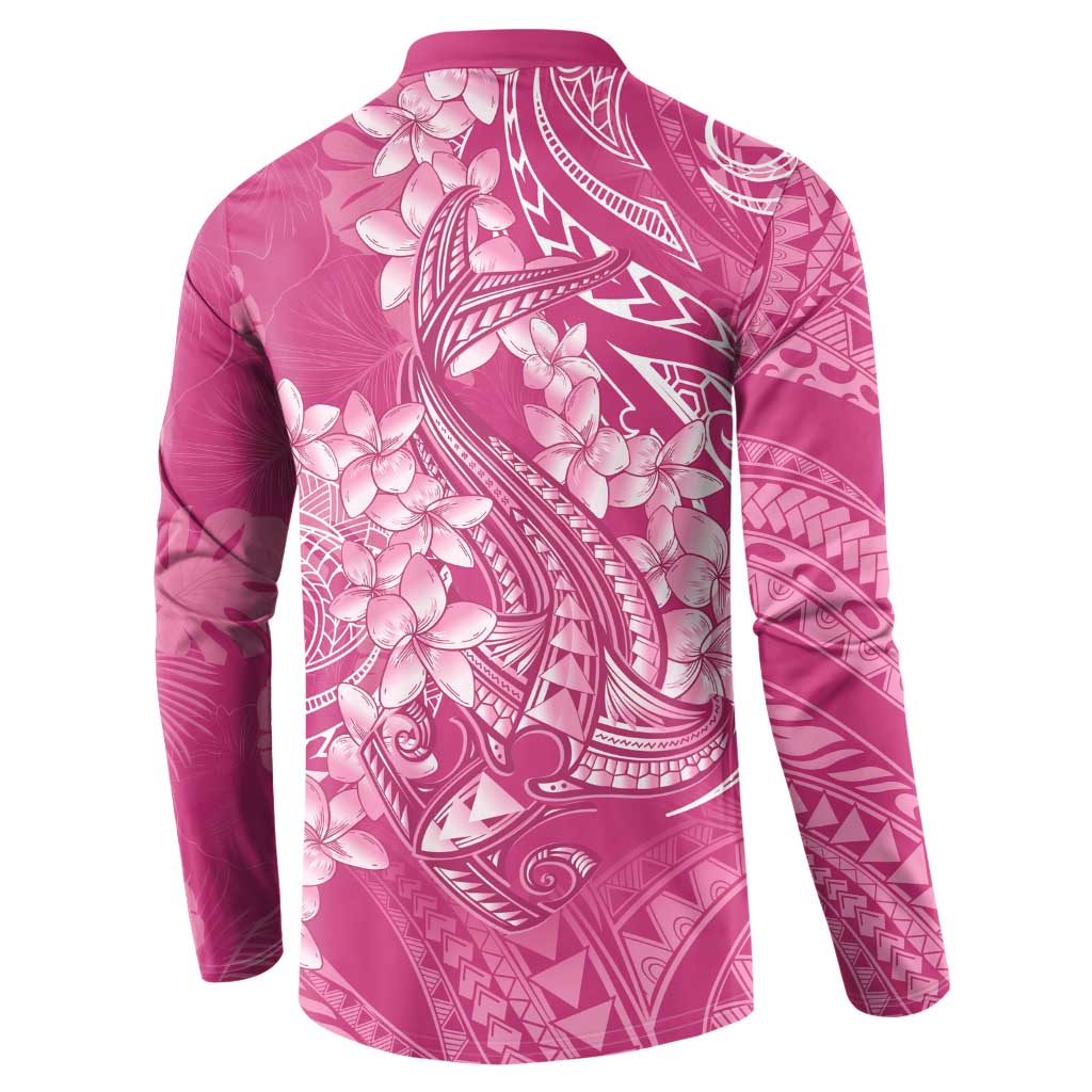 Pink Polynesia Hammerhead Shark Tattoo With Plumeria Lei Button Sweatshirt