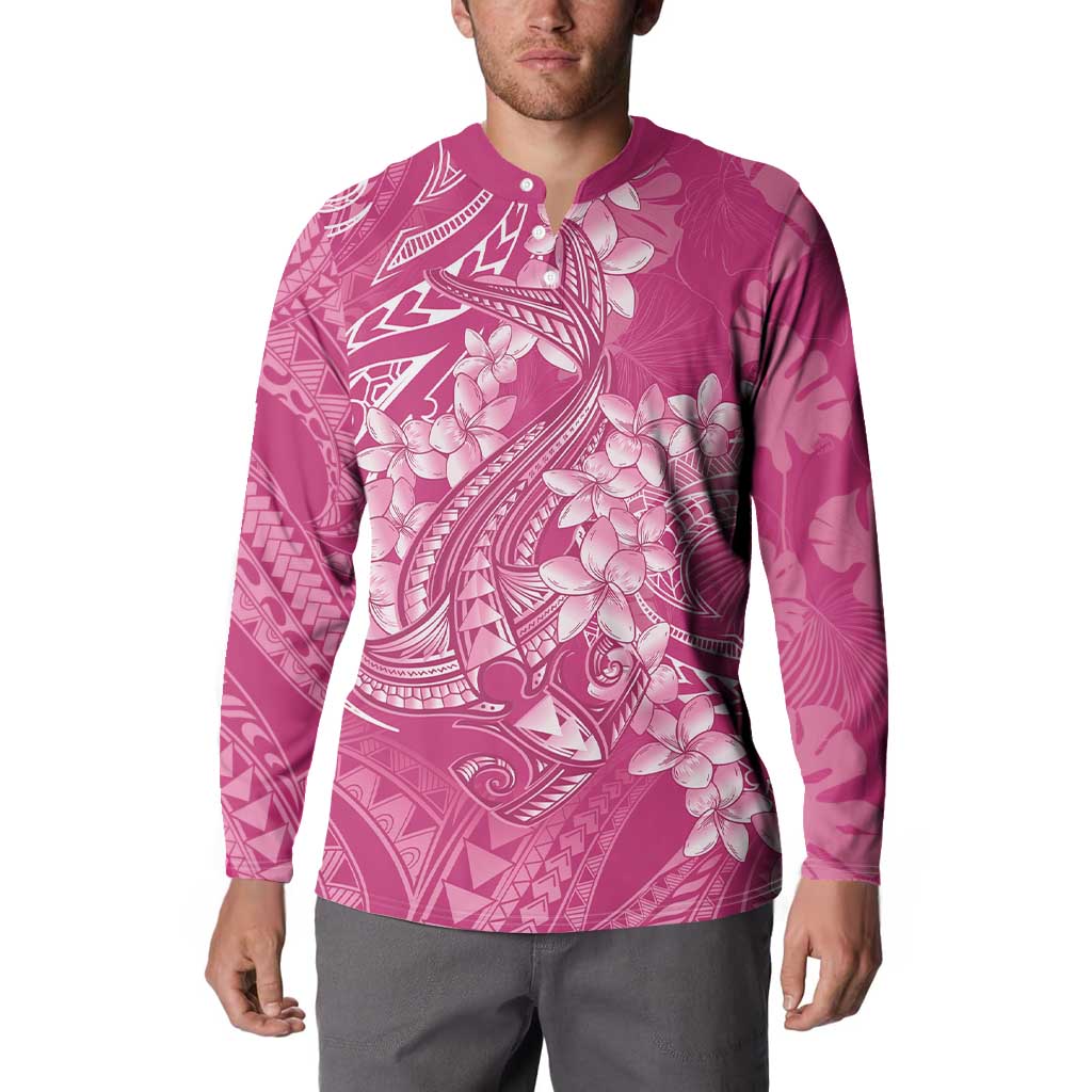 Pink Polynesia Hammerhead Shark Tattoo With Plumeria Lei Button Sweatshirt