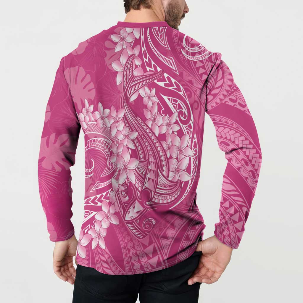 Pink Polynesia Hammerhead Shark Tattoo With Plumeria Lei Button Sweatshirt