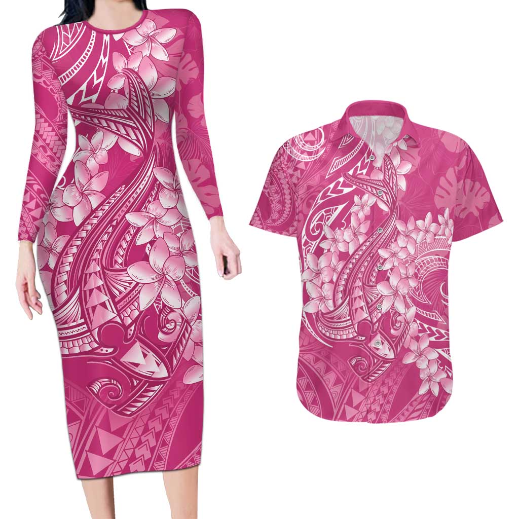 Pink Polynesia Hammerhead Shark Tattoo With Plumeria Lei Couples Matching Long Sleeve Bodycon Dress and Hawaiian Shirt