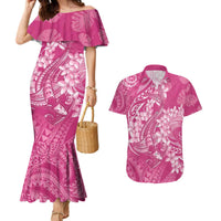 Pink Polynesia Hammerhead Shark Tattoo With Plumeria Lei Couples Matching Mermaid Dress and Hawaiian Shirt