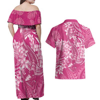 Pink Polynesia Hammerhead Shark Tattoo With Plumeria Lei Couples Matching Off Shoulder Maxi Dress and Hawaiian Shirt
