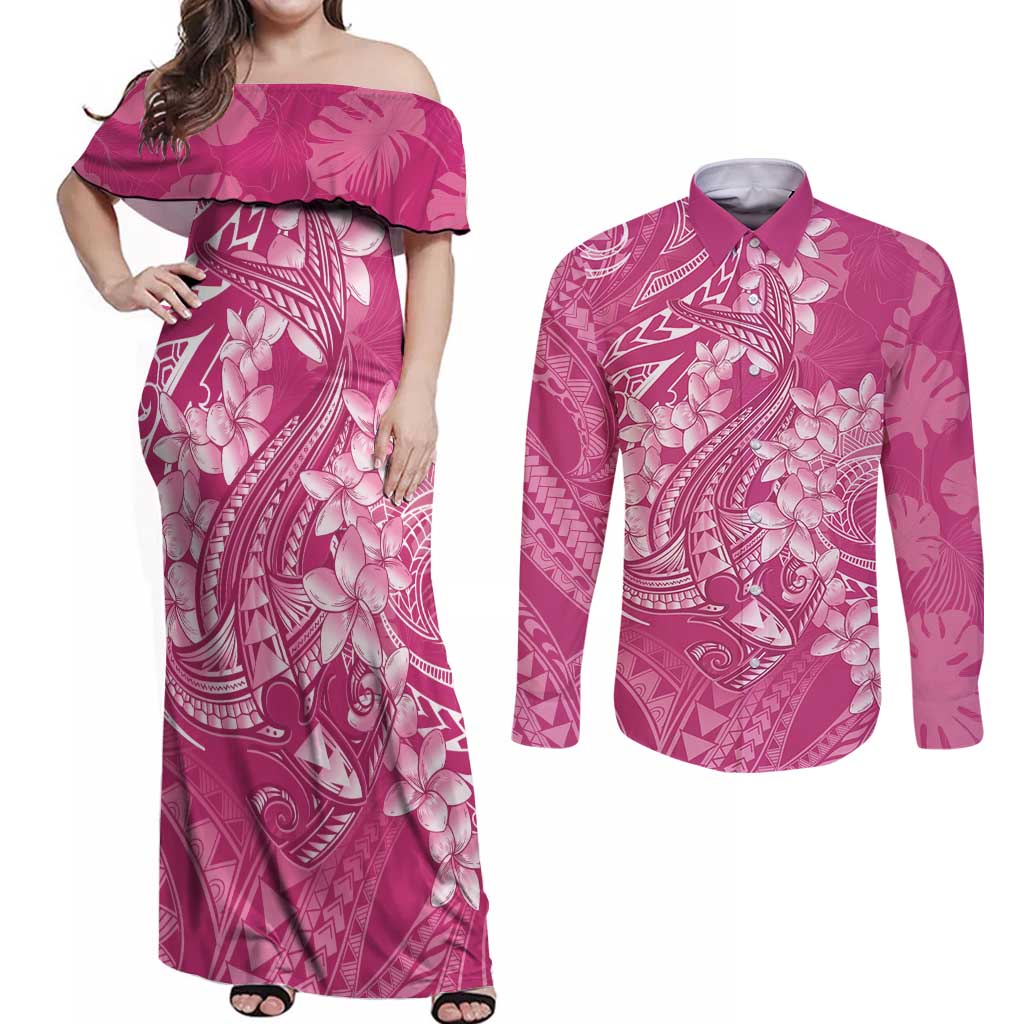 Pink Polynesia Hammerhead Shark Tattoo With Plumeria Lei Couples Matching Off Shoulder Maxi Dress and Long Sleeve Button Shirt LT14 Pink - Polynesian Pride