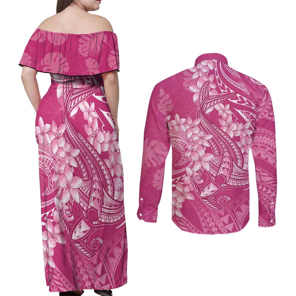 Pink Polynesia Hammerhead Shark Tattoo With Plumeria Lei Couples Matching Off Shoulder Maxi Dress and Long Sleeve Button Shirt LT14 - Polynesian Pride