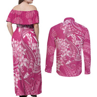 Pink Polynesia Hammerhead Shark Tattoo With Plumeria Lei Couples Matching Off Shoulder Maxi Dress and Long Sleeve Button Shirt LT14 - Polynesian Pride