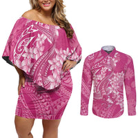 Pink Polynesia Hammerhead Shark Tattoo With Plumeria Lei Couples Matching Off Shoulder Short Dress and Long Sleeve Button Shirt LT14 Pink - Polynesian Pride