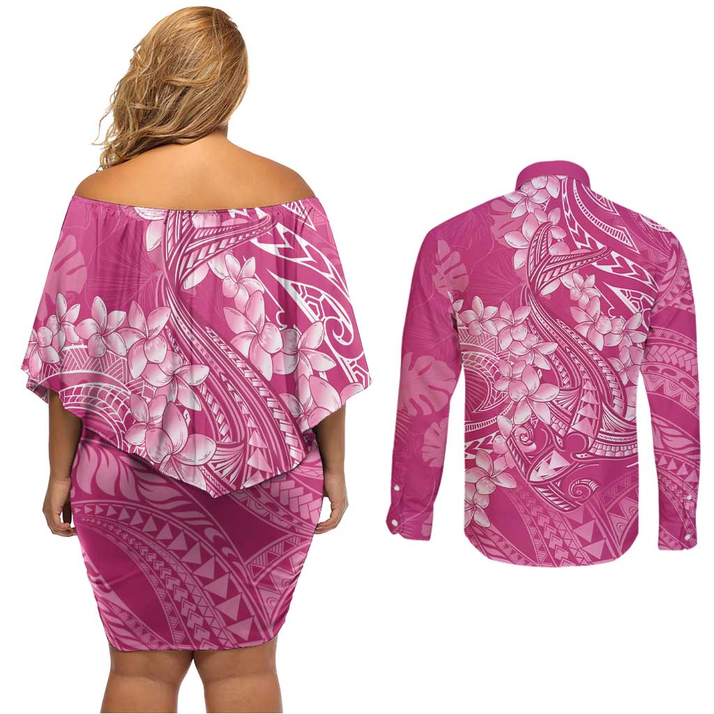 Pink Polynesia Hammerhead Shark Tattoo With Plumeria Lei Couples Matching Off Shoulder Short Dress and Long Sleeve Button Shirt LT14 - Polynesian Pride