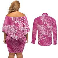 Pink Polynesia Hammerhead Shark Tattoo With Plumeria Lei Couples Matching Off Shoulder Short Dress and Long Sleeve Button Shirt LT14 - Polynesian Pride