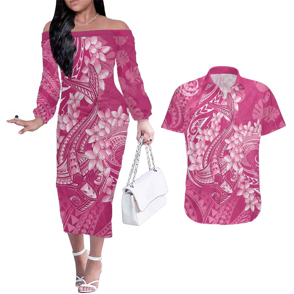 Pink Polynesia Hammerhead Shark Tattoo With Plumeria Lei Couples Matching Off The Shoulder Long Sleeve Dress and Hawaiian Shirt