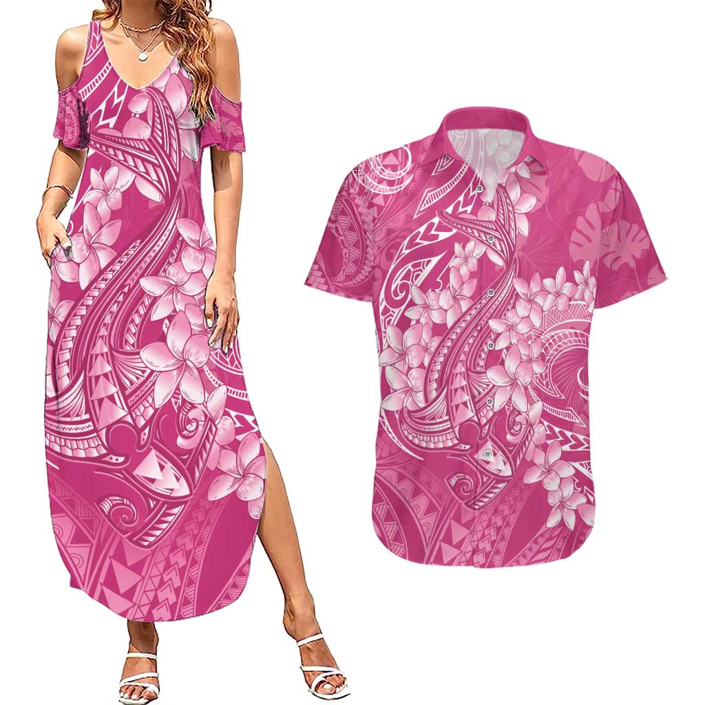 Pink Polynesia Hammerhead Shark Tattoo With Plumeria Lei Couples Matching Summer Maxi Dress and Hawaiian Shirt