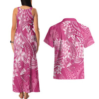 Pink Polynesia Hammerhead Shark Tattoo With Plumeria Lei Couples Matching Tank Maxi Dress and Hawaiian Shirt