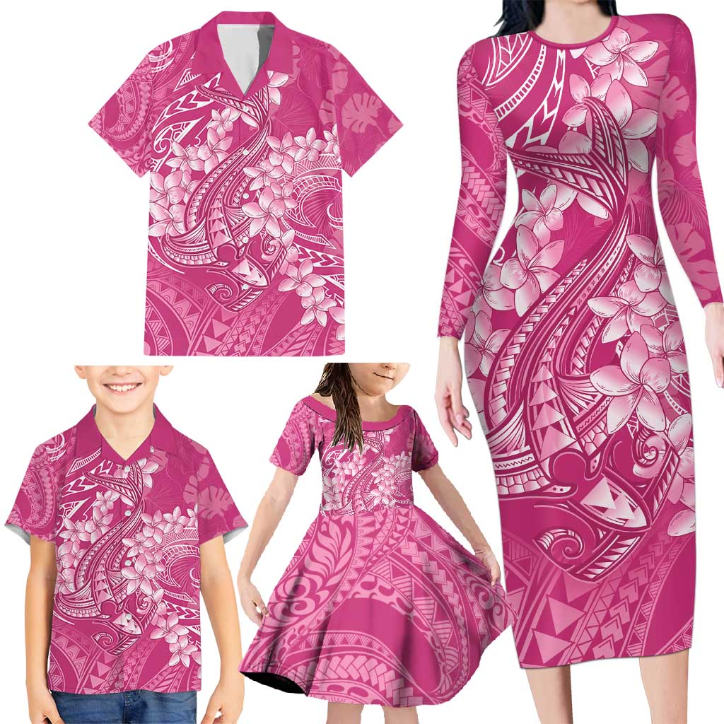 Pink Polynesia Hammerhead Shark Tattoo With Plumeria Lei Family Matching Long Sleeve Bodycon Dress and Hawaiian Shirt