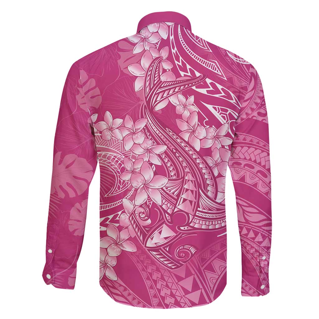 Pink Polynesia Hammerhead Shark Tattoo With Plumeria Lei Family Matching Long Sleeve Bodycon Dress and Hawaiian Shirt