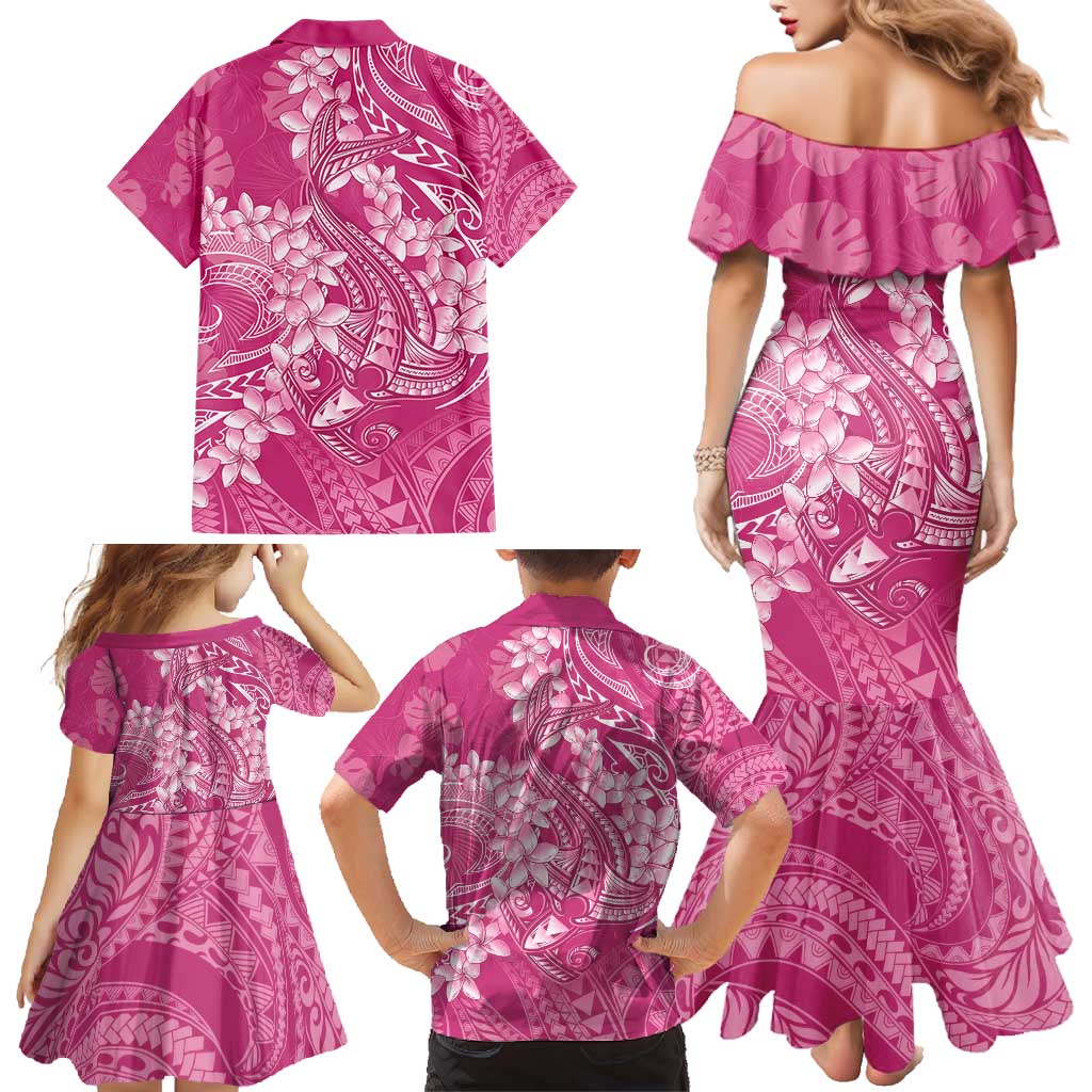 Pink Polynesia Hammerhead Shark Tattoo With Plumeria Lei Family Matching Mermaid Dress and Hawaiian Shirt