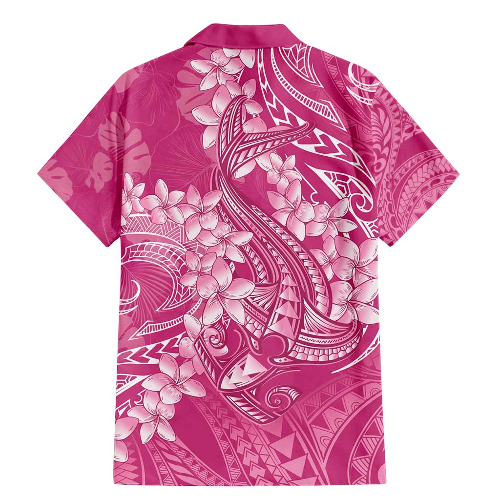 Pink Polynesia Hammerhead Shark Tattoo With Plumeria Lei Family Matching Mermaid Dress and Hawaiian Shirt