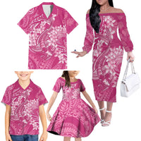 Pink Polynesia Hammerhead Shark Tattoo With Plumeria Lei Family Matching Off The Shoulder Long Sleeve Dress and Hawaiian Shirt