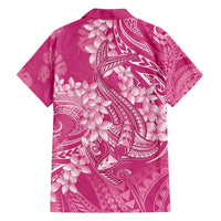 Pink Polynesia Hammerhead Shark Tattoo With Plumeria Lei Family Matching Off The Shoulder Long Sleeve Dress and Hawaiian Shirt