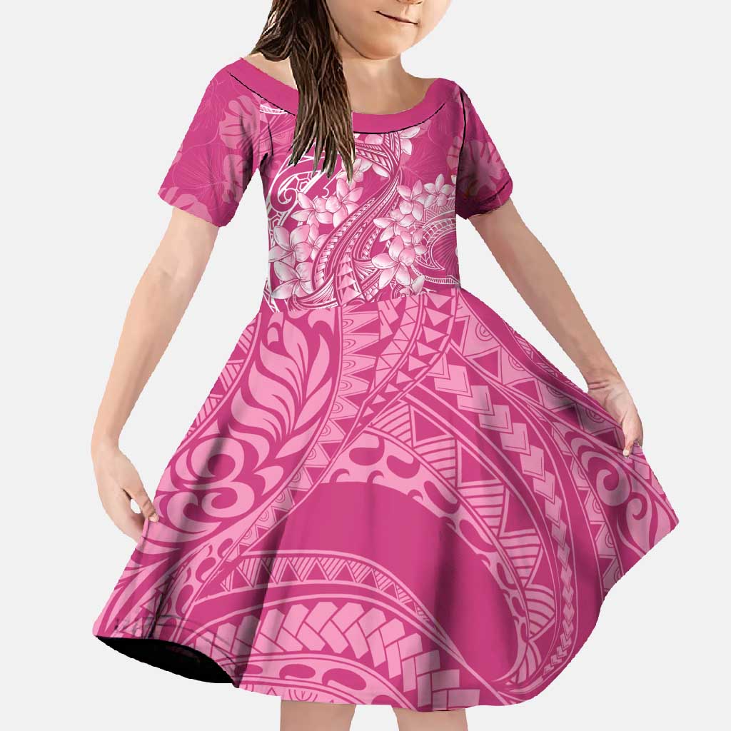 Pink Polynesia Hammerhead Shark Tattoo With Plumeria Lei Family Matching Off Shoulder Maxi Dress and Hawaiian Shirt