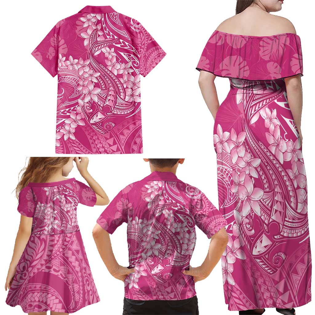 Pink Polynesia Hammerhead Shark Tattoo With Plumeria Lei Family Matching Off Shoulder Maxi Dress and Hawaiian Shirt