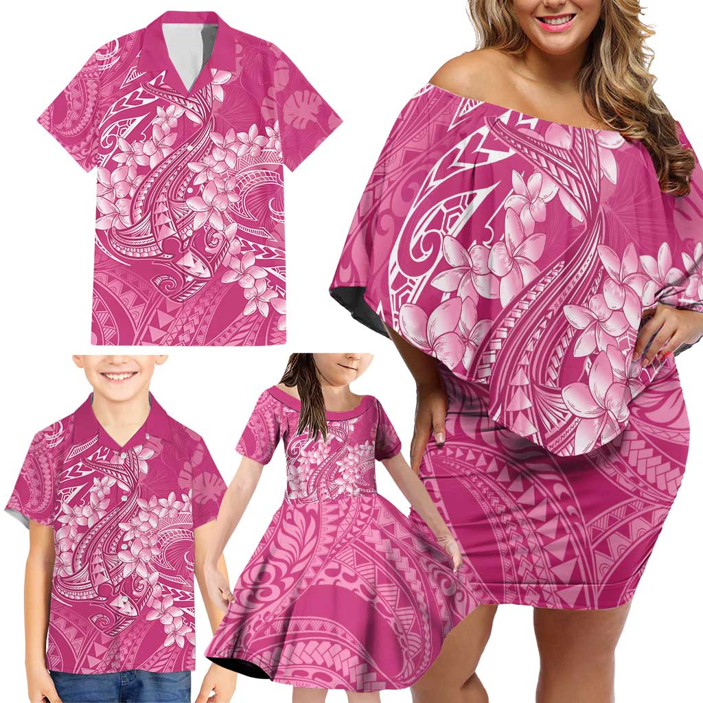 Pink Polynesia Hammerhead Shark Tattoo With Plumeria Lei Family Matching Off Shoulder Short Dress and Hawaiian Shirt