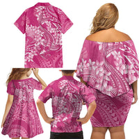 Pink Polynesia Hammerhead Shark Tattoo With Plumeria Lei Family Matching Off Shoulder Short Dress and Hawaiian Shirt