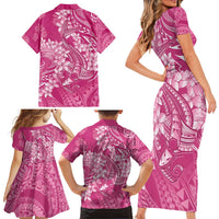 Pink Polynesia Hammerhead Shark Tattoo With Plumeria Lei Family Matching Short Sleeve Bodycon Dress and Hawaiian Shirt