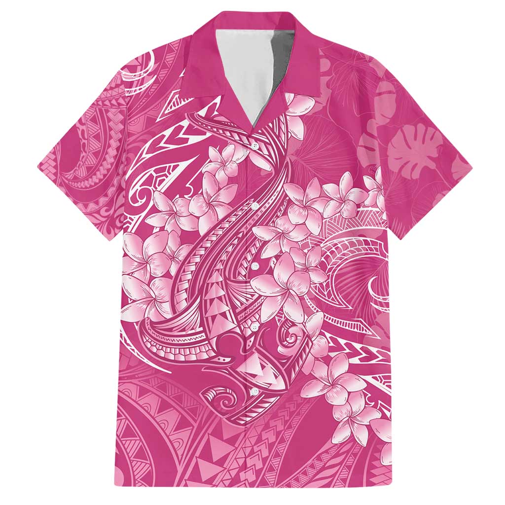Pink Polynesia Hammerhead Shark Tattoo With Plumeria Lei Family Matching Short Sleeve Bodycon Dress and Hawaiian Shirt