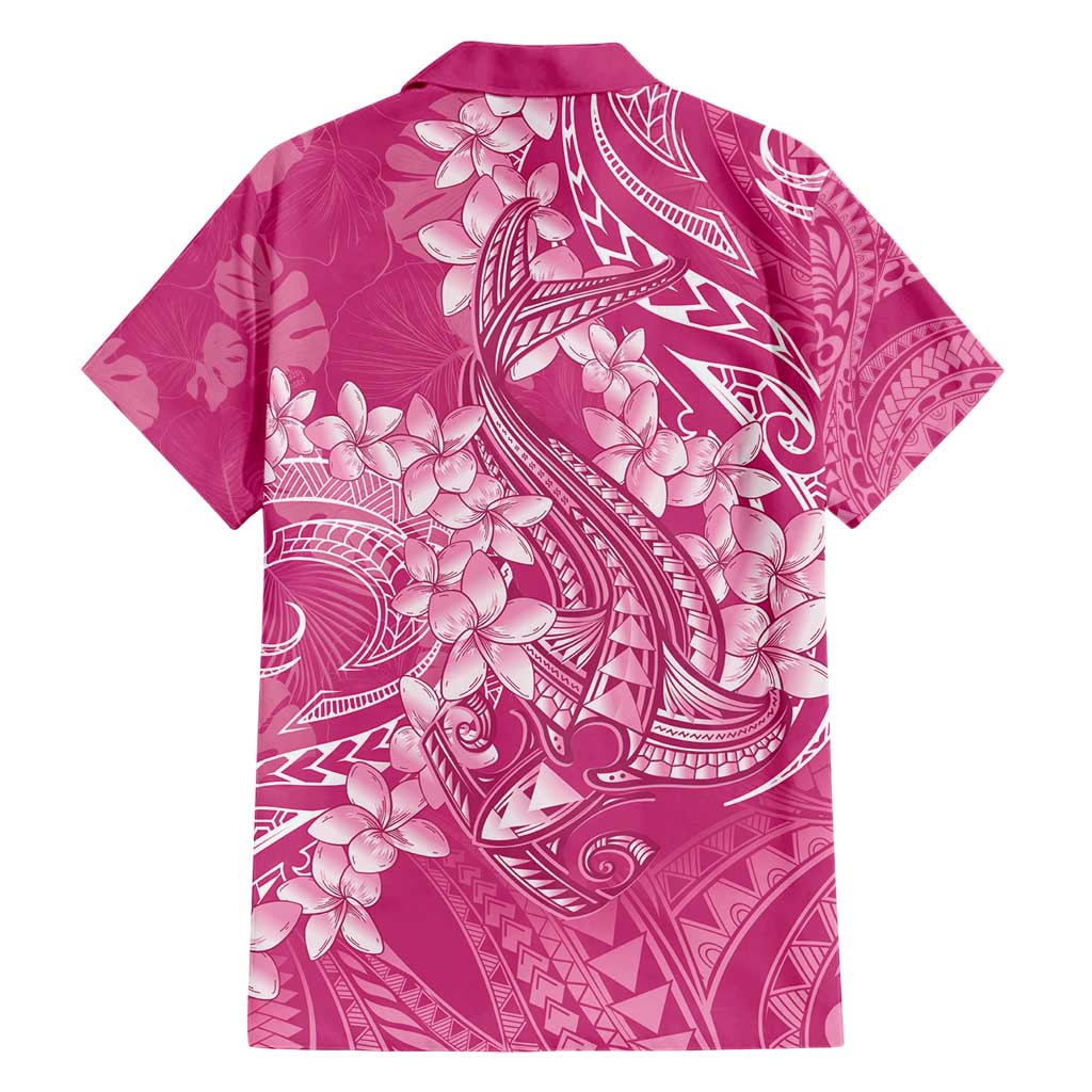 Pink Polynesia Hammerhead Shark Tattoo With Plumeria Lei Family Matching Short Sleeve Bodycon Dress and Hawaiian Shirt