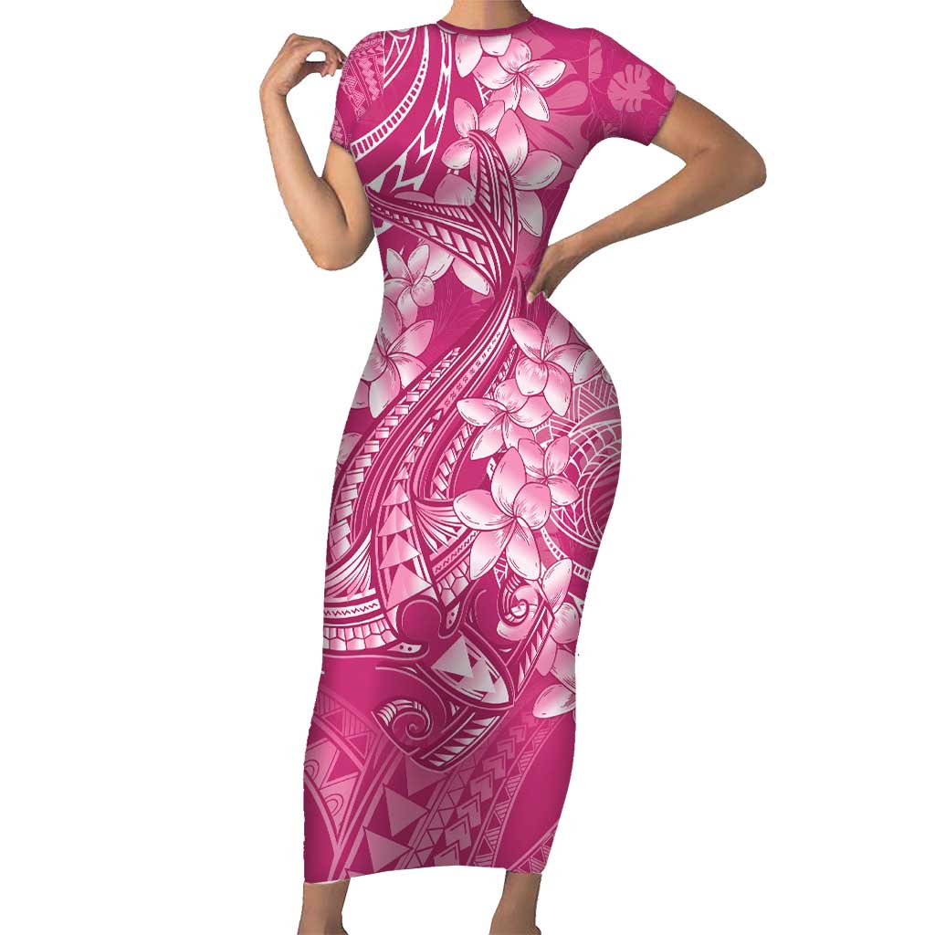 Pink Polynesia Hammerhead Shark Tattoo With Plumeria Lei Family Matching Short Sleeve Bodycon Dress and Hawaiian Shirt
