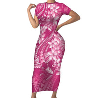 Pink Polynesia Hammerhead Shark Tattoo With Plumeria Lei Family Matching Short Sleeve Bodycon Dress and Hawaiian Shirt