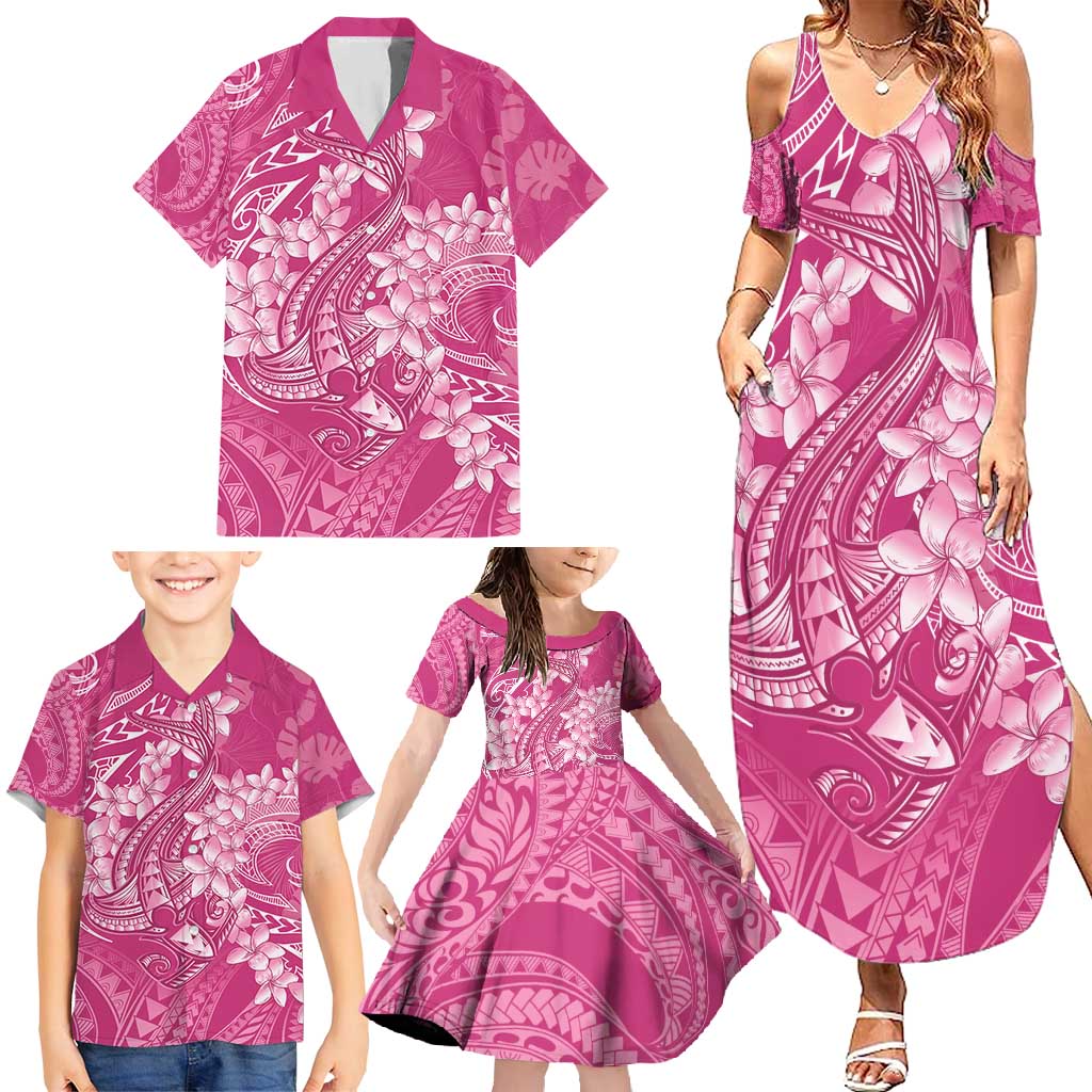 Pink Polynesia Hammerhead Shark Tattoo With Plumeria Lei Family Matching Summer Maxi Dress and Hawaiian Shirt