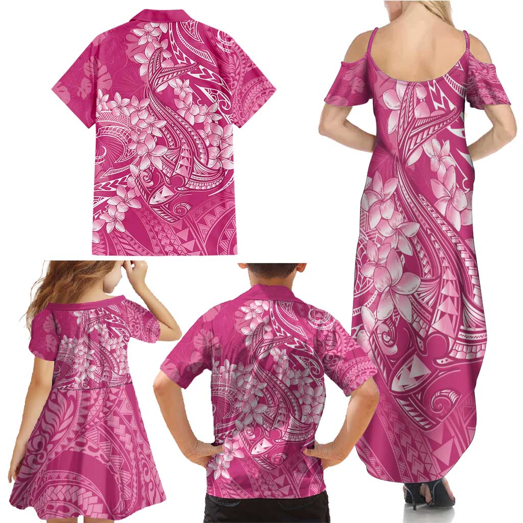 Pink Polynesia Hammerhead Shark Tattoo With Plumeria Lei Family Matching Summer Maxi Dress and Hawaiian Shirt