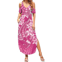 Pink Polynesia Hammerhead Shark Tattoo With Plumeria Lei Family Matching Summer Maxi Dress and Hawaiian Shirt
